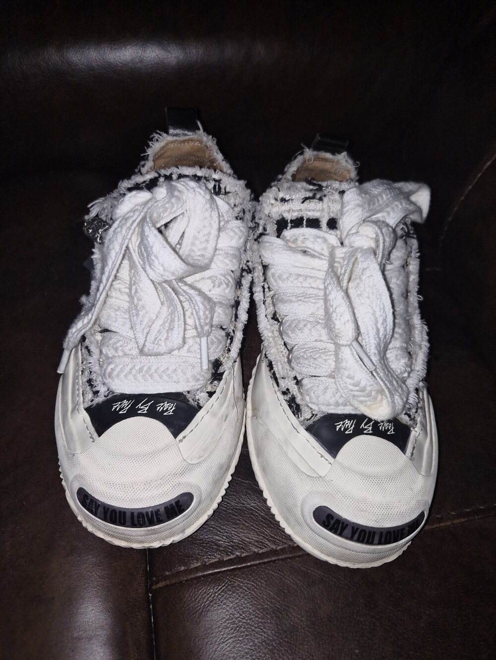 VesseL USA White and Black Distressed Lace-Up Sneakers